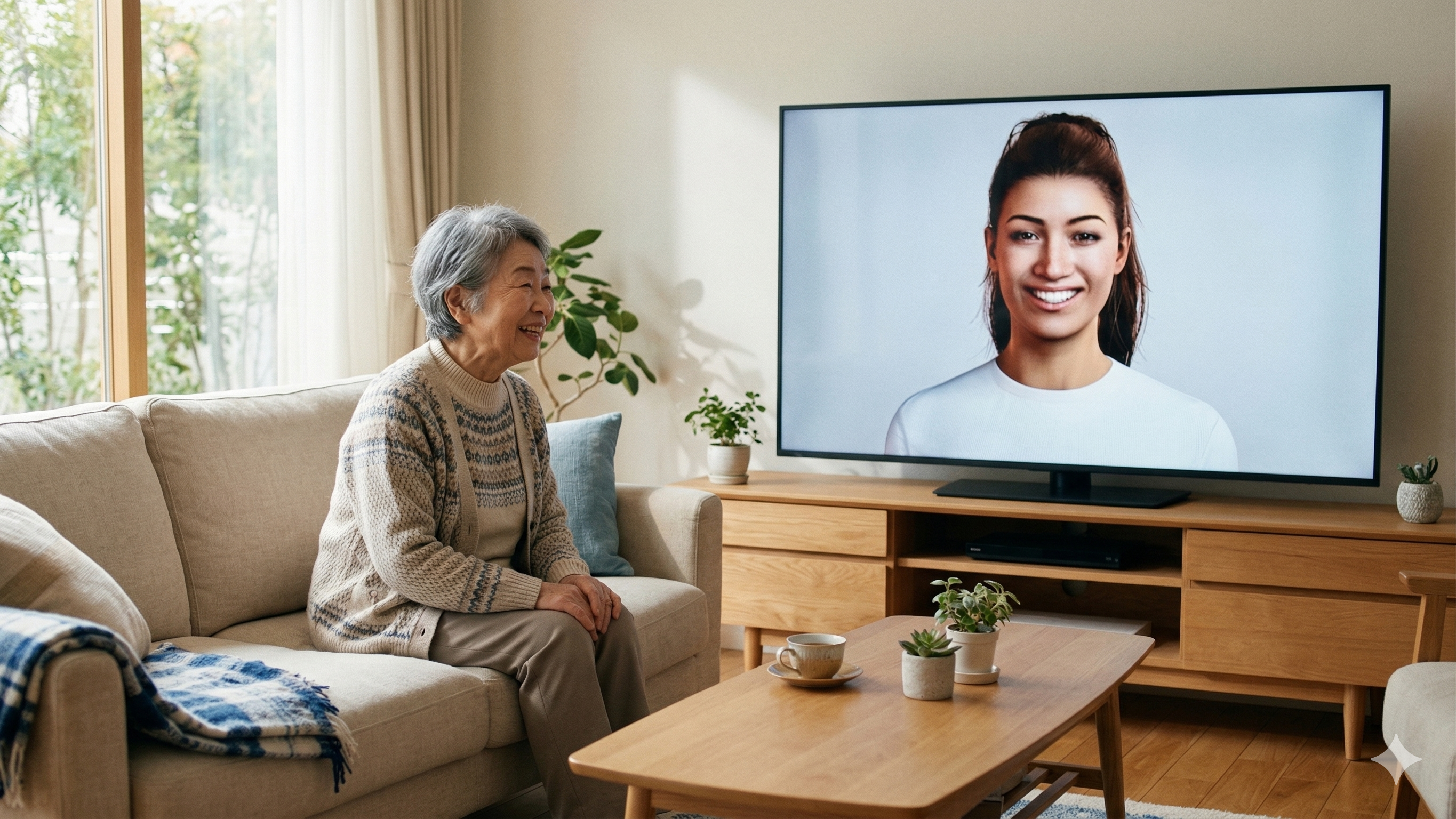 テレビの中のデジタルコンパニオンと会話する高齢者
