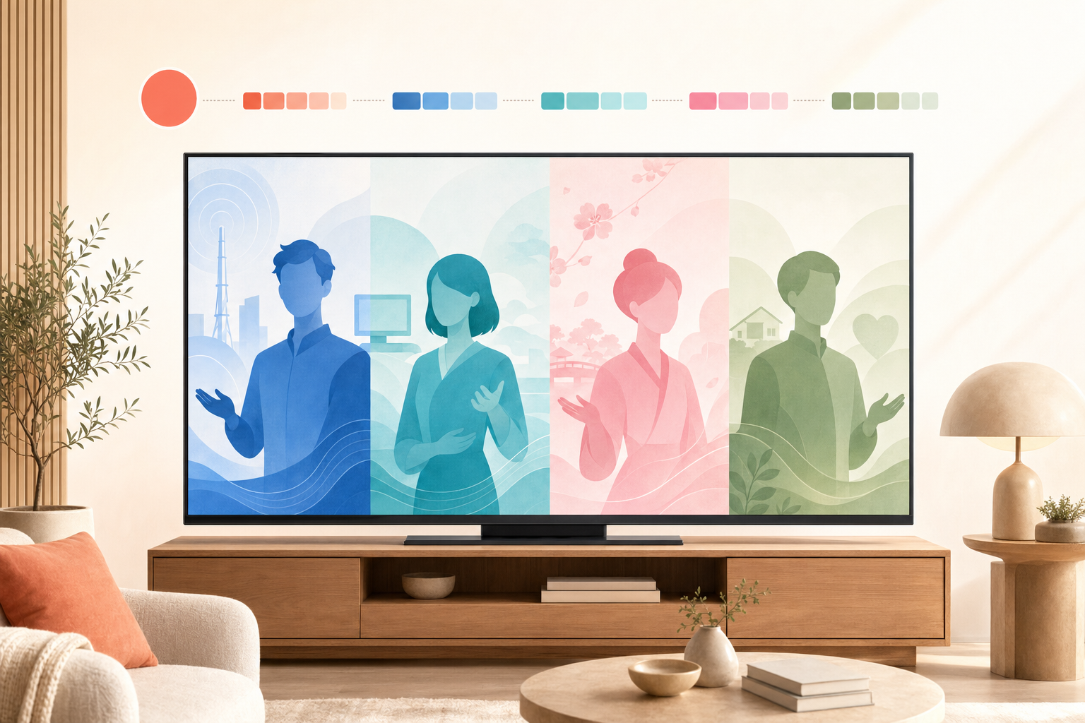 4色のブランドキャラクターをテレビに表示するイメージ — 通信キャリア／ケーブルTV／自治体／介護事業者向けの色違いシルエット